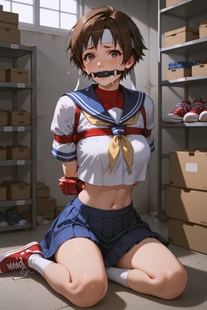 score_9, score_8_up, score_7_up, score_6_up, source_anime, Expressiveh, 
1girl, solo, sakura kasugano, brown eyes, brown hair, short hair, midriff, stomach, navel, 
school uniform, shirt, white shirt, crop top, sailor collar, short sleeves, skirt, blue skirt, miniskirt, ankle socks, shoes, socks, sneakers, headband, white headband, gloves, red gloves,
warehouse, concrete walls, indoors, 
tearing up, looking up at viewer, gag, nervous, shibari, bondage, bound, bound arms, bound legs, bound wrists, bound ankles, bound knees, arms behind back, 