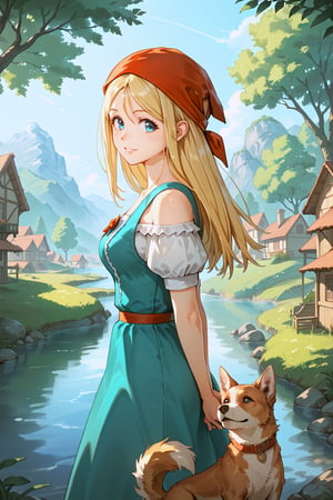 score_9, score_8_up, score_7_up, score_6_up, score_anime, 
1girl, solo,emma (dq11), red bandana, 
village, stream, river, large tree, outdoors, 1dog, 
standing, contrapposto, head tilt, arms behind back, light smile, parted lips, light blush, looking at viewer, from side, 