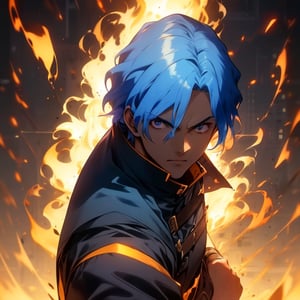 masterpiece, best quality, ultra-detailed, glowing light, (detailed background, complex background:1.2), (perfect face, detailed face), 
1boy, Brain_Unglaus_Overlord, wavy hair, blue hair, 
Medieval European cityscape, main street, 
battoujutsu, magic,energy,aura,beautiful detailed glow, 