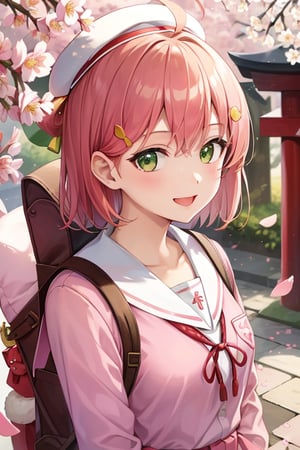masterpiece, best quality, ultra-detailed, highres, absurdres, (detailed background, complex background:1.2), (perfect face, detailed face), (detailed realistic background:1.3), beautiful lighting, natural light, soft lighting, 
1girl, solo, MikoSchool, ahoge, short hair, green eyes, hairclip, 
white headwear, school uniform, white shirt, sailor collar, pink skirt, plaid, thighhighs, pink jacket, backpack, pink backpack, 
Japanese shrine, torii, cherry blossoms, (petals:1.3), outdoors, 
happy, smile, wide mouth, looking at viewer, double waving, 
(portrait, serene, flowing petals, petals fluttering), 