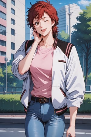 score_9, score_8_up, score_7_up, score_6_up, score_anime, 
1girl, solo, KM, red hair, brown eyes, 
white tailored jacket, pink shirt, tshirt tucked in, denim pants, belt, 
shinjuku city, outdoors, 
standing, contrapposto, arm at side, hand on own neck, smile, one eye closed, one eye open, open mouth, 