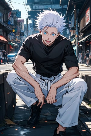 1 boy, edge light, Gojo Satoru, powerful sorcerer, tight black t-shirt, loose white pants, bright blue eyes, white hair, happy, city background, Jujutsu Kaisen, mix of fantasy and realism, special effects, fantasy, ultra HD, HDR, 4K,