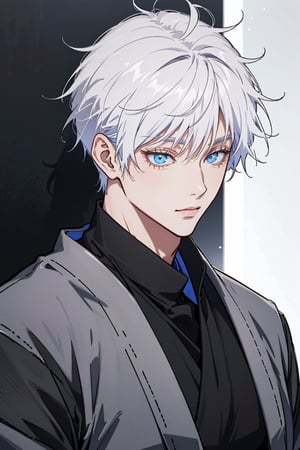 1 boy,edge light,looking_at_screen,masterpiece,best quality,single,Gojo Satoru,detail,bright eyes with the biggest,white hair,