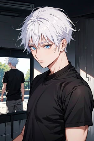 1 boy,edge light,looking_at_screen,masterpiece,best quality,single,Gojo Satoru,detail,bright eyes with,white hair,black shirt