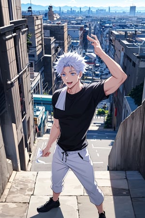 1 boy, edge light, Gojo Satoru, powerful sorcerer, tight black t-shirt, loose white pants, bright blue eyes, white hair, happy, city background, Jujutsu Kaisen, mix of fantasy and realism, special effects, fantasy, ultra HD, HDR, 4K,