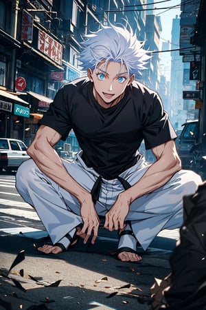 1 boy, edge light, Gojo Satoru, powerful sorcerer, tight black t-shirt, loose white pants, bright blue eyes, white hair, happy, city background, Jujutsu Kaisen, mix of fantasy and realism, special effects, fantasy, ultra HD, HDR, 4K,