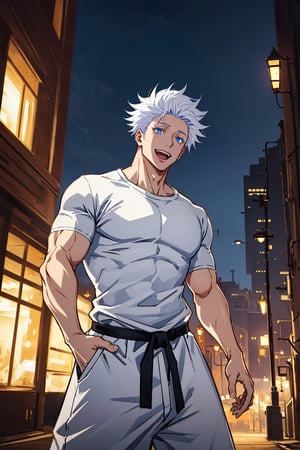 1 boy, edge light, Gojo Satoru, powerful sorcerer, tight black t-shirt, loose white pants, bright blue eyes, white hair, happy, city background, Jujutsu Kaisen, mix of fantasy and realism, special effects, fantasy, ultra HD, HDR, 4K,