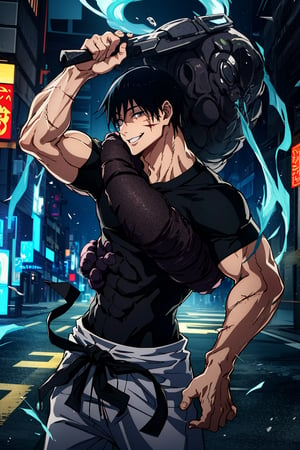 1 boy, edge light, toji fushiguro, tight black t-shirt, loose white pants, black hair, face with scar, smiling, city background, Jujutsu Kaisen, mix of fantasy and realism, special effects, fantasy, ultra HD, HDR, 4K, face in focus, best quality, face in focus, dutch angle, muscular,