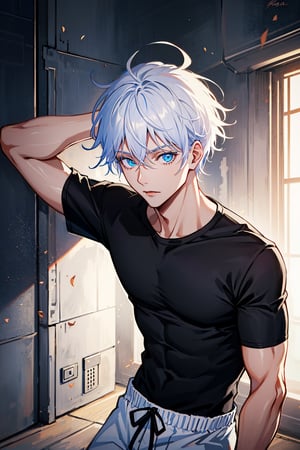 1 boy,edge light,looking at the screen,masterpiece,best quality,single,Gojo Satoru,detail,bright eyes with,white hair,tight black shirt,white loose pants