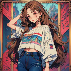 1 girl, masterpiece, model, perfect face, makeup, petite, 18 years old, long hair, light brown hair, expensive clothes, jeans, posing, hands on head, standing, 90s style, brown eyes, while the background features a soft blue gradient framed by a subtle border,