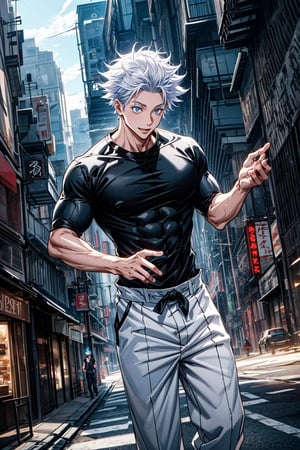 1 boy, edge light, Gojo Satoru, powerful sorcerer, tight black t-shirt, loose white pants, bright blue eyes, white hair, happy, city background, Jujutsu Kaisen, mix of fantasy and realism, special effects, fantasy, ultra HD, HDR, 4K,