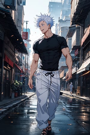 1 boy, edge light, Gojo Satoru, powerful sorcerer, tight black t-shirt, loose white pants, bright blue eyes, white hair, happy, city background, Jujutsu Kaisen, mix of fantasy and realism, special effects, fantasy, ultra HD, HDR, 4K,