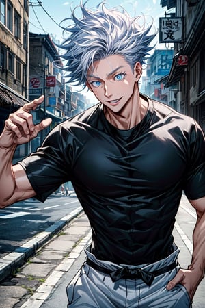 1 boy, edge light, Gojo Satoru, powerful sorcerer, tight black t-shirt, loose white pants, bright blue eyes, white hair, happy, city background, Jujutsu Kaisen, mix of fantasy and realism, special effects, fantasy, ultra HD, HDR, 4K,