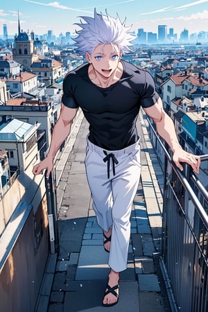 1 boy, edge light, Gojo Satoru, powerful sorcerer, tight black t-shirt, loose white pants, bright blue eyes, white hair, happy, city background, Jujutsu Kaisen, mix of fantasy and realism, special effects, fantasy, ultra HD, HDR, 4K,Pixel art,Pixel world,masterpiece