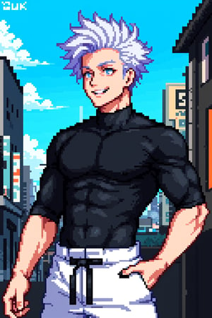 1 boy, edge light, Gojo Satoru, powerful sorcerer, tight black t-shirt, loose white pants, bright blue eyes, white hair, happy, city background, Jujutsu Kaisen, mix of fantasy and realism, special effects, fantasy, ultra HD, HDR, 4K,Pixel art,Pixel world