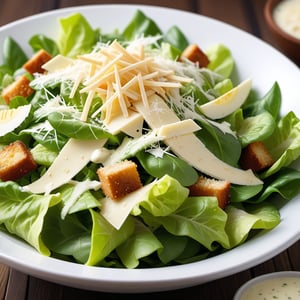 A close-up shot of a fresh, crisp Caesar salad adorned with generous parmesan shavings, highlighting the vibrant greens and creamy dressing under natural lighting.