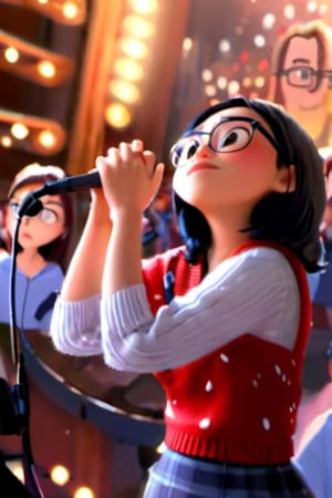 High resolution,extremely detailed,atmospheric scene, masterpiece, best quality, high resolution, 64k, high quality, SAM YANG, ultra-detailed, (realistic portrait), disney pixar style, 1girl, black hair, multiple boys, glasses, solo focus, mole, blurry, microphone, realistic, music