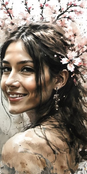 masterpiece, best quality, flat color, oil painting style, flooded, ink ,oil paint, 1girl, solo, long hair, looking at viewer, smile, brown hair, black hair, hair ornament, dress, bare shoulders, jewelry, upper body, flower, earrings, teeth, looking back, hair flower, grin, blurry, from side, tree, lips, blurry background, cherry blossoms, realistic, branch