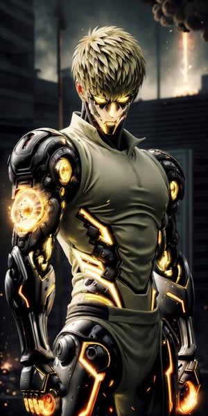 ((masterpiece, best quality)), (((Genos))), One Punch Man, Cyborg, (((glowing yellow iris))), black_pupils, blond_hair, calm, collected, artificial skins,  robotic arms,  sleeveless_shirt, toned_male, muscular_body,  tall, metal details, background of buildings Tokyo Japan, light flashes, fire explosion, mix of fantastic and realistic elements, uhd image, vibrant artwork,,GENOS   ,scifi,1girl锛� roujinzhi,worldoffire