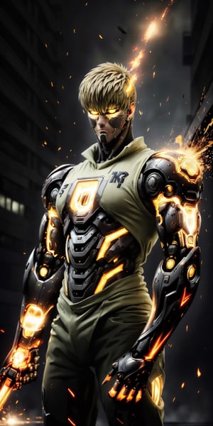 ((masterpiece, best quality)), (((Genos))), One Punch Man, Cyborg, (((glowing yellow iris))), black_pupils, blond_hair, calm, collected, artificial skins,  robotic arms,  sleeveless_shirt, toned_male, muscular_body,  tall, metal details, background of buildings Tokyo Japan, light flashes, fire explosion, mix of fantastic and realistic elements, uhd image, vibrant artwork,,GENOS   ,scifi,1girl锛� roujinzhi,worldoffire