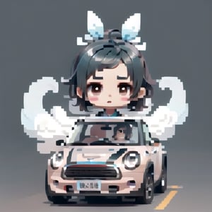 Name_Mei_Lin is striking with long black hair and deep brown eyes. She moves gracefully, her resilient nature shining through. Her skin glows from nanotech, with tattoos that tell folklore, defying her past. 

,mini car,Pixel art,ordinary_person_akudama_drive,short hair,chibi,driver 

Background_park,Pixel_word