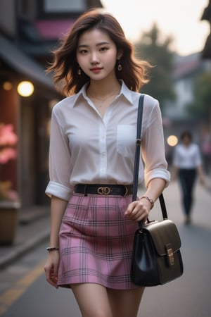 In autumn, a super beautiful Chinese 18-year-old girl with medium wavy hair, brown, white shirt, rolled up sleeves, pink plaid skirt, black handbag, bracelet, walking on the street, (slender body), surrealism, chiaroscuro, movie lights , Lens Flare, From Outside, From Side, Ultra HD, Textured Skin, High Detail, High Resolution