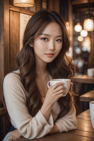 A stunning Asian supermodel with luscious brown locks sits elegantly in a cozy cafe, surrounded by warm lighting and rustic wooden accents. Her porcelain skin glows as she sips from a cup, her eyes gazing softly into the distance, framing the shot with a subtle smile.