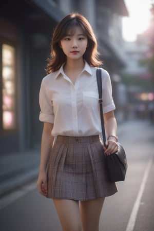 In autumn, a super beautiful Chinese 18-year-old girl with medium wavy hair, brown, white shirt, rolled up sleeves, pink plaid skirt, black handbag, bracelet, walking on the street, (slender body), surrealism, chiaroscuro, movie lights , Lens Flare, From Outside, From Side, Ultra HD, Textured Skin, High Detail, High Resolution