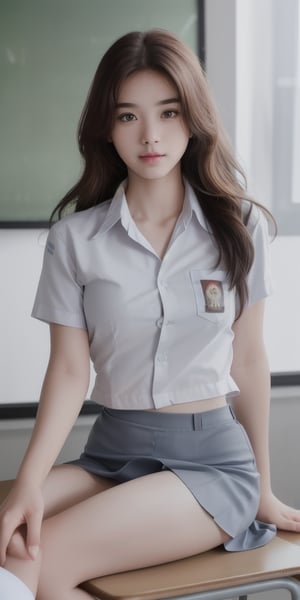 A supermodel sits at classroom, facing camera, brown hair, wavy hair, slender body, athletic, supermodel body, white shirt, collar shirt, open shirt, thin shirt, medium breasts, white bra, padded grey skirt,  opened legs, display underwear, white underwear, detailed underwear, perfect composition, hyper-realistic, super detailed, 8k, high quality, sharp focus, studio photo, intricate details, highly detailed, seductive pose, flirting to camera,sm4c3w3k