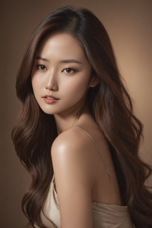 A stunning Asian supermodel with luscious brown locks stands confidently in a soft focus studio setting. Her long hair cascades down her back like a waterfall of chestnut hues. The warm lighting accentuates the subtle definition of her features, as she gazes directly into the camera lens. Her porcelain skin glows with a radiant sheen, set off by the rich tones of her locks. Sitting in the cafe in daylight