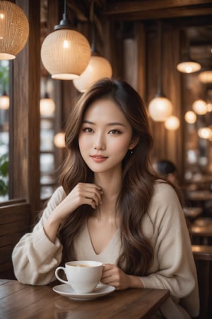 A stunning Asian supermodel with luscious brown locks sits elegantly in a cozy cafe, surrounded by warm lighting and rustic wooden accents. Her porcelain skin glows as she sips from a cup, her eyes gazing softly into the distance, framing the shot with a subtle smile.