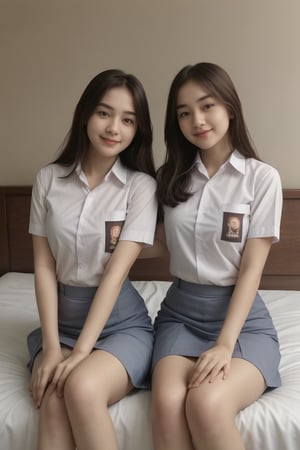 2 girls’ .stand parallel,

[Girl 1: [(brown hair), brown eyes, Chinese face, wearing white collar shirt and grey skirt]]
[Girl 2: [wearing white collar shirt and grey skirt, Korean face]]
Equal height, smile expression, detailed, sitting on the bed in a luxurious room