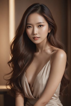 A stunning Asian supermodel with luscious brown locks stands confidently in a soft focus studio setting. Her long hair cascades down her back like a waterfall of chestnut hues. The warm lighting accentuates the subtle definition of her features, as she gazes directly into the camera lens. Her porcelain skin glows with a radiant sheen, set off by the rich tones of her locks. Sitting in the cafe in daylight