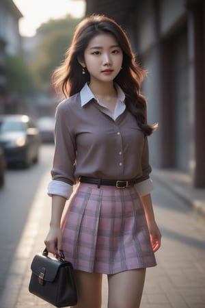 In autumn, a super beautiful Chinese 18-year-old girl with medium wavy hair, brown, white shirt, rolled up sleeves, pink plaid skirt, black handbag, bracelet, walking on the street, (slender body), surrealism, chiaroscuro, movie lights , Lens Flare, From Outside, From Side, Ultra HD, Textured Skin, High Detail, High Resolution