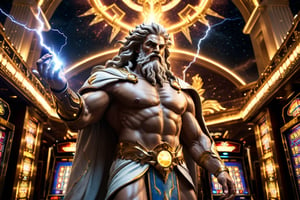 (masterpiece, ultra-detailed photo, ultra high quality, HDR, High_res 16k), an omnipotent zeus, holding lightning bolt in his palm, standing in the tartarus gate glowing with magical lighting, casino, slot machines, epic, dramatic, intricate, sharp focus, volumetric light, medium contrast, cinematic, from below,more detail XL