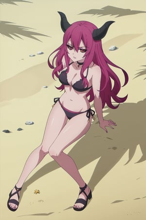 score_9, score_8_up, score_7_up, score_6_up, score_5_up, score_4_up , anime coloring ,BREAK source_anime, anime,screencap,1girl, solo,dlord, demon girl, full_body, pink_bikini_bottom, beach