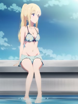 (masterpiece),ayase saki, blonde hair, purple eyes, 1girl, solo, sitting, blue bikini, bikini skirt, soaking feet, stomach, print bikini, print skirt, swimsuit, ponytail_hair 