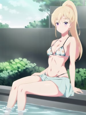 (masterpiece),ayase saki, blonde hair, purple eyes, 1girl, solo, sitting, blue bikini skirt, soaking feet, stomach, print bikini, print skirt, swimsuit, ponytail_hair, looking_at_viewers 