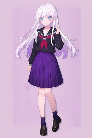 1girl, sidelighting, white hair purple tips,seifuku, blue_eyes, long_hair,wallpaper,full_body,RicheHayashi