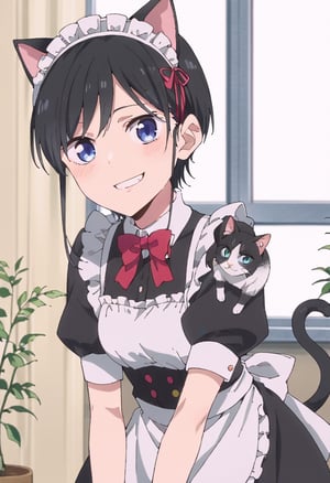 score_9, score_8_up, score_7_up, source_anime,nanakura rin, black hair, blue eyes, short hair, 1girl, solo, smile, jimiko, maid_costume, cat_ears