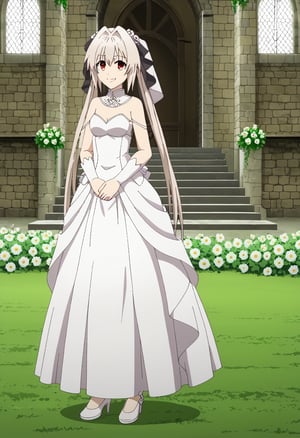 1girl, solo, lynneburg, full_body, wedding_dress, smile, bunch of flowers, church