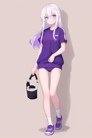 1girl, sidelighting, white hair purple tips,gym_uniform, blue_eyes, long_hair,wallpaper,full_body,RicheHayashi