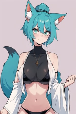 1girl, sidelighting, wallpaper,black_bikini_top,breast, aqua_eyes, fox ears, full_body, keiramevt