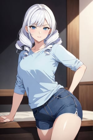 1women, sole_female, medium large shot, masterpiece, shiny blue eyes, High detailed, body full, shorts, portrait,1girl, white_hair, shirt,masterpiece,best quality,portrait,ojou curls,