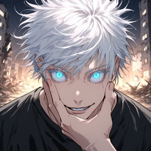 masterpiece, best quality, highly detailed, absurd, 1 child, rim lighting, Gojo Satoru, powerful sorcerer, tight black t-shirt, bright blue eyes, white hair, hair over one eye, standing, looking at viewer, constricted pupils, smile, portrait, parted lips, close-up, focus on face, hand sign, hand in front of face, destroyed buildings, night