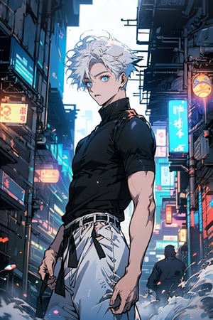 1 boy, edge light, Gojo Satoru, powerful sorcerer, tight black t-shirt, loose white pants, bright blue eyes, white hair, city background, Jujutsu Kaisen, mix of fantasy and realism, special effects, fantasy, ultra HD, HDR, 4K,Retro, style anime. Style jujutsu kaisen.,1guy,midjourney