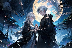 A serene forest glade bathed in soft lunar light. Aria, a mystical sorceress, stands before an ancient glowing tree, her silver hair flowing like a river of night sky. She extends a hand, palm upwards, to harness celestial forces. The black robe with silver constellations adorns her slender figure, while the moonstone necklace glows softly. In the foreground, a curious boyfriend and girlfriend, their faces aglow with wonder, approach Aria, hands clasped together in anticipation of the mystical encounter. Framing shot: Medium-wide angle, capturing the enchanting atmosphere and mystical energy surrounding Aria.