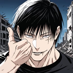 Source_anime, Rating_questionnable, Score_9, score_8_up, score_7_up, score_6_up, score_5_up, score_4_up, 1boy, solo ,t0j1, black hair, huge muscles, short hair, scar, fringe, black eyes, scar on face, muscular, black t-shirt, white pants, outdoors, city,looking at viewer, narrowed pupils, smile, portrait, parted lips, close-up, focus on face, hand signal, hand in front of face, destroyed buildings, night