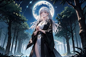 A serene forest glade bathed in soft lunar light. Aria, a mystical sorceress, stands before an ancient glowing tree, her silver hair flowing like a river of night sky. She extends a hand, palm upwards, to harness celestial forces. The black robe with silver constellations adorns her slender figure, while the moonstone necklace glows softly. In the foreground, a curious boyfriend and girlfriend, their faces aglow with wonder, approach Aria, hands clasped together in anticipation of the mystical encounter. Framing shot: Medium-wide angle, capturing the enchanting atmosphere and mystical energy surrounding Aria.