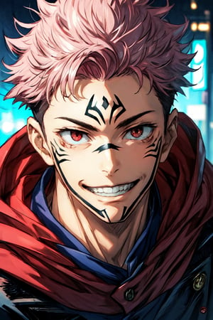 (masterpiece), best quality, expressive eyes, perfect face, looking at viewer, front view, close-up on face, 1male, SUKUNA, smile, red eyes, pink hair, TATTOO_ON_HIS_FACE, school uniform, black jacket, red hood, street, city, night, itadori yuji